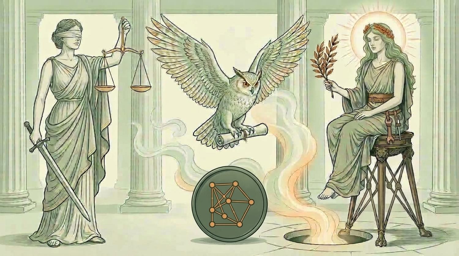 Justitia, the owl of Athena in flight, and Pythia seated at the Delphic chasm