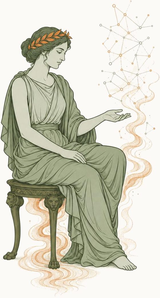 Pythia, the Delphic oracle, reading a constellation of data